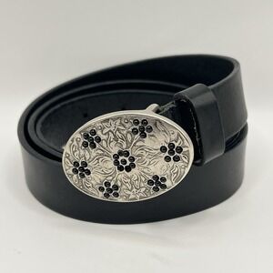 Vintage Albatros Italian Black Leather Belt L Antique Silver Tone Buckle Western